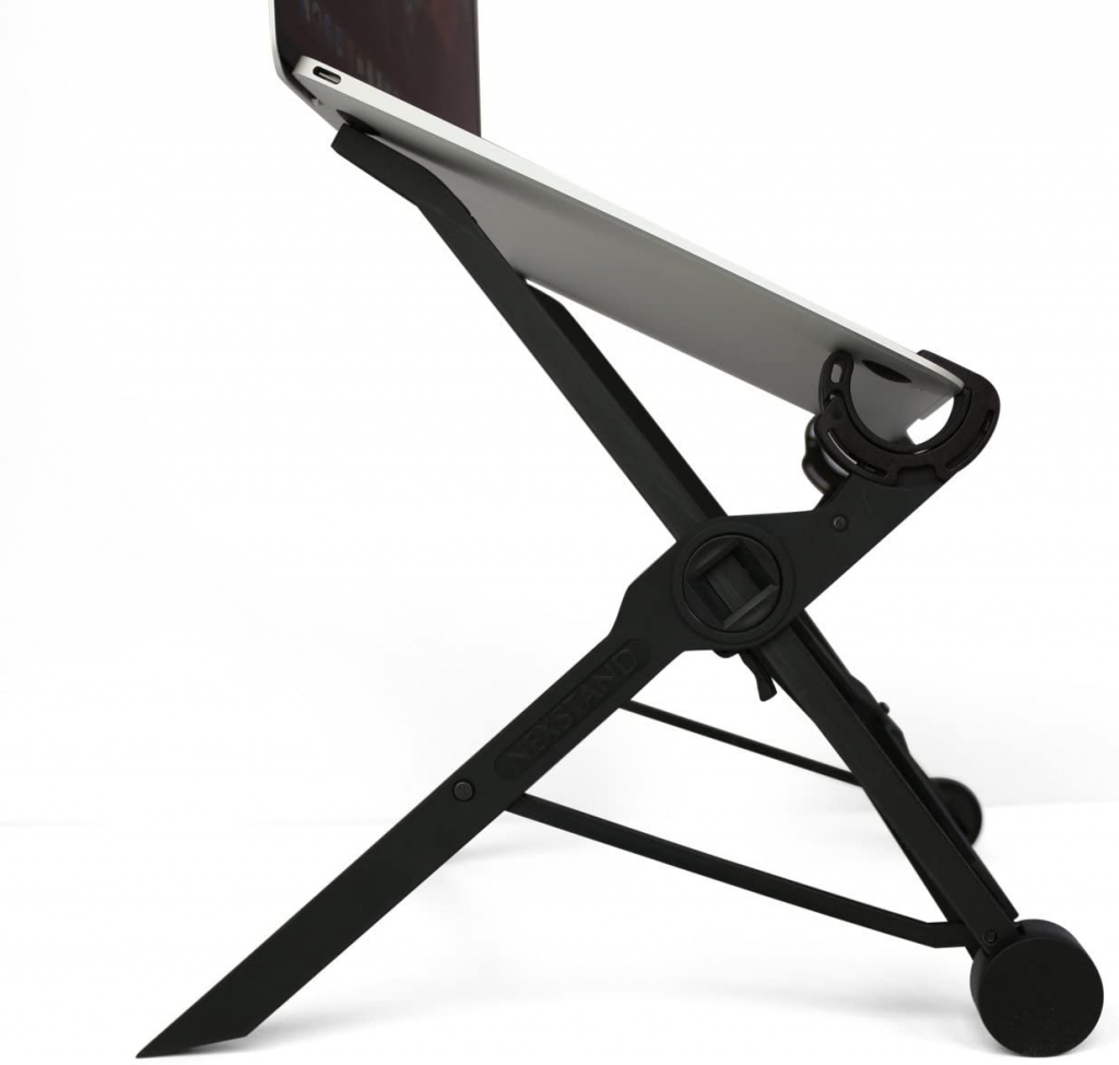 Nexstand Laptop Stand is made of reinforced nylon with 8 height adjustment options, uses a snap-open mechanism for easy setup, has an anti-skid rubber base.